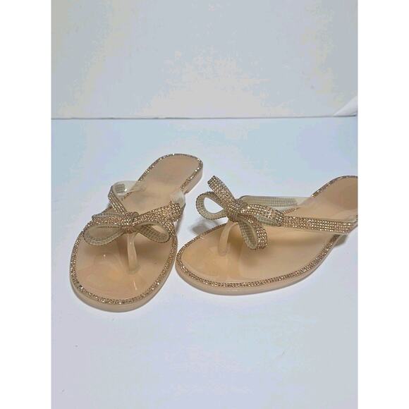 NICOLE MILLER Rose Gold Pink Color Jelly Sandals Rhinestone Bow Accent Size 8 - Picture 5 of 7